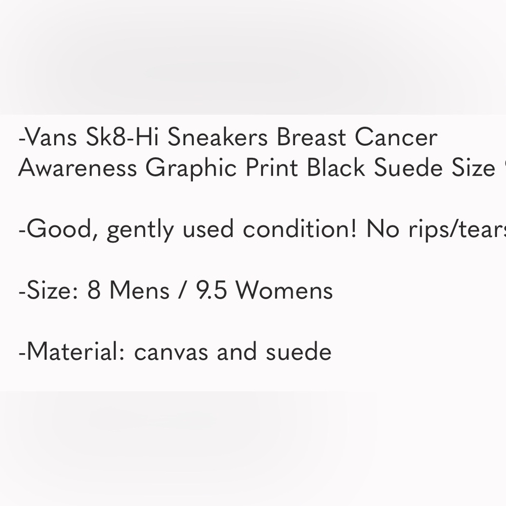 Vans Sk8-Hi Sneakers Breast Cancer Awareness Graphic Print Black Suede Size 9.5 - Picture 3 of 16